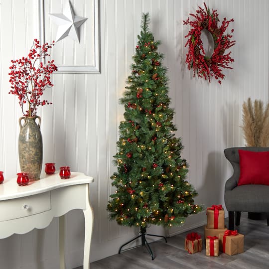 7ft. Pre-Lit Flat Back Montreal Mountain Pine Artificial Christmas Tree, White LED Lights